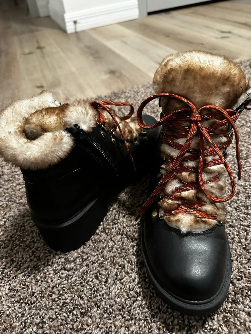 American Eagle Outfitters Black Boot with Faux-Fur Trim and Orange Laces